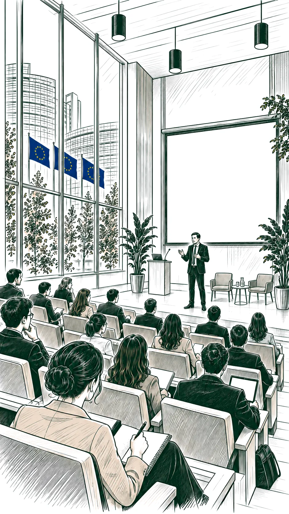 A speaker addressing participants in a Brussels auditorium