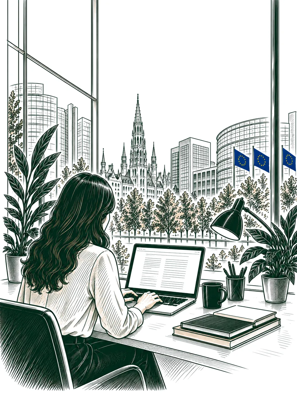 A young woman filling in the application online, with the European Quarter outside the window